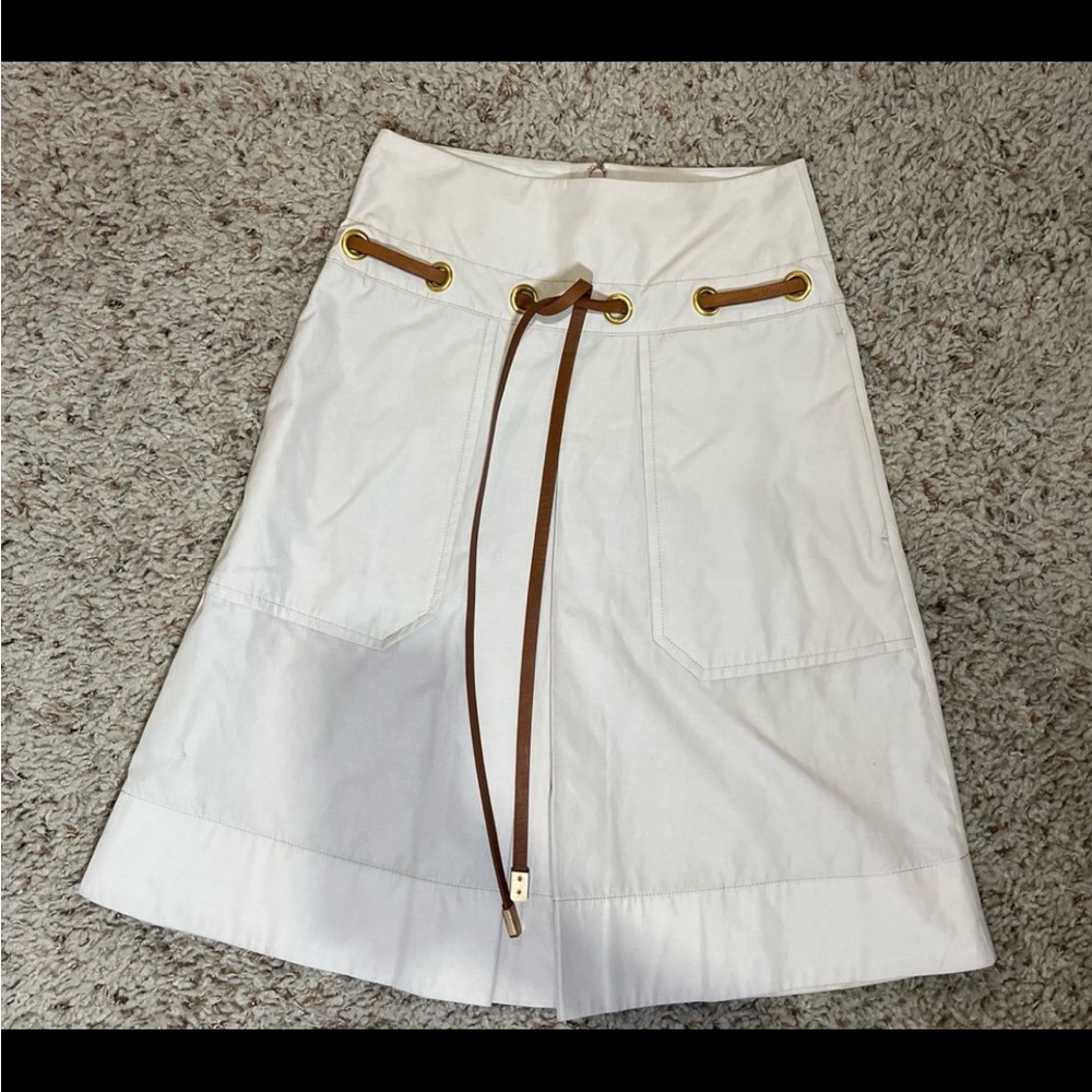 Tory Burch White Premium Cotton Skirt Knee-Length Leather Belt Size 00